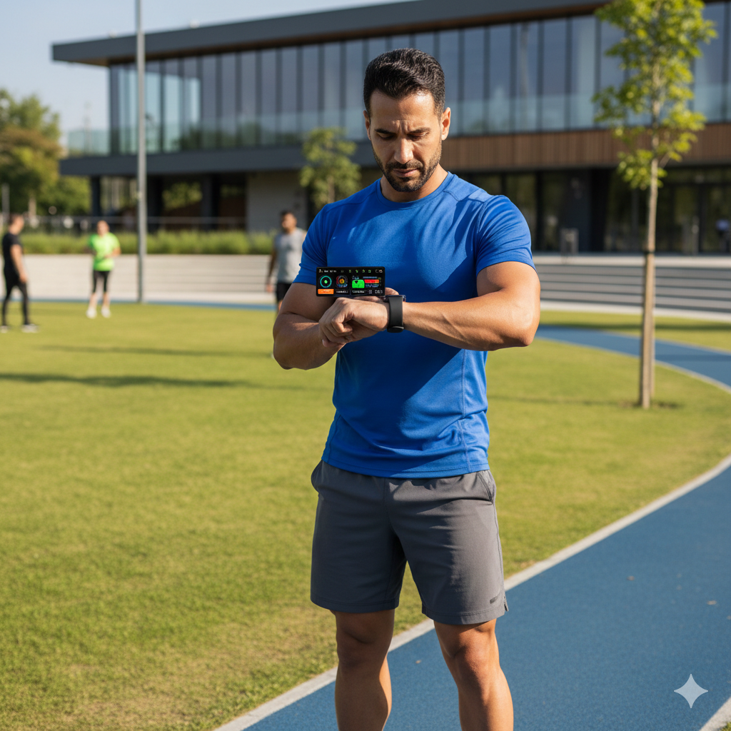 A man on an outdoor running track checking ethnicity-based fitness insights on a smartwatch with a digital data overlay.