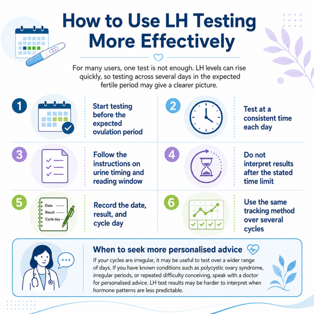 Infographic showing six steps for using LH ovulation testing more effectively, including timing, tracking, and when to seek medical advice.