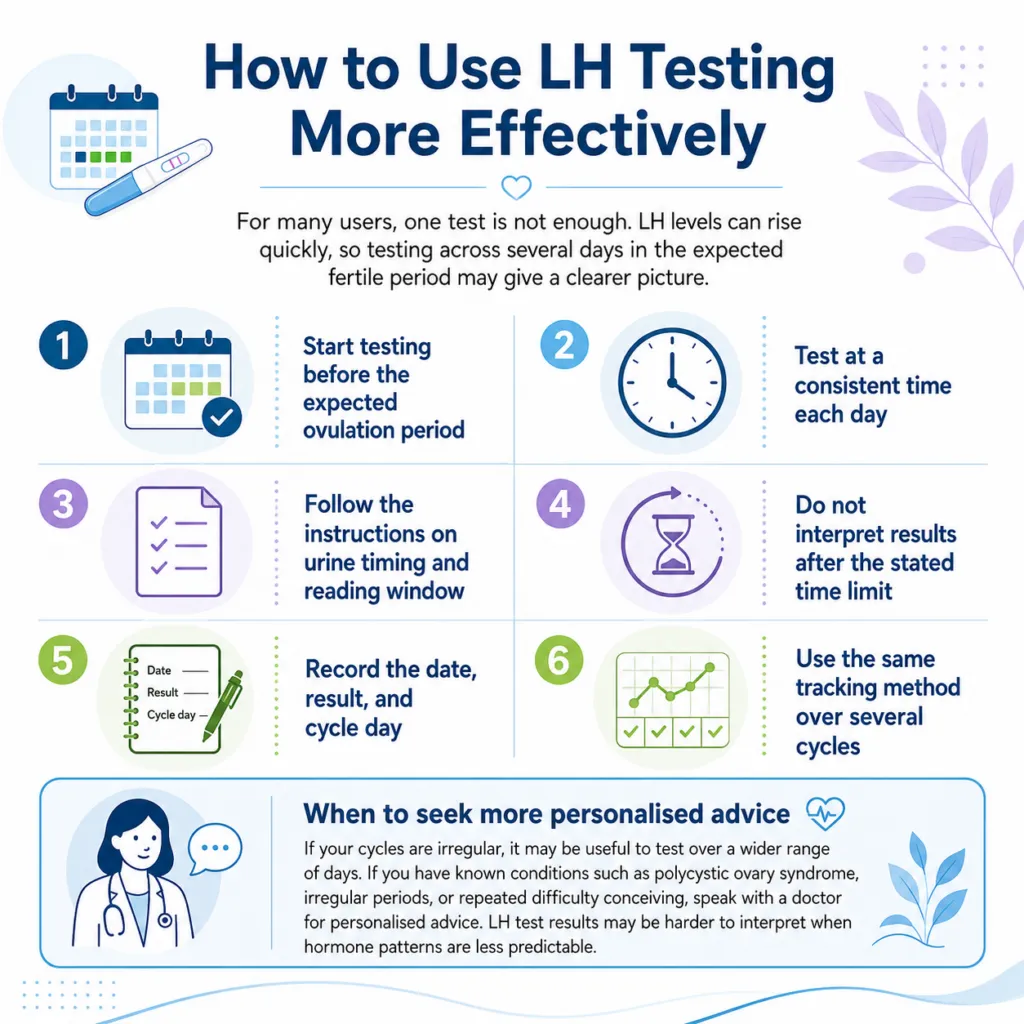 Infographic showing six steps for using LH ovulation testing more effectively, including timing, tracking, and when to seek medical advice.