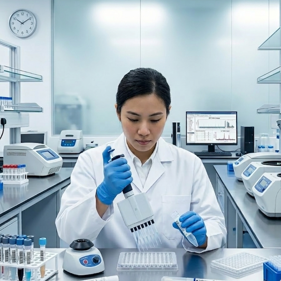 Lab technician processing medical samples in an HCSA-licensed laboratory in Singapore.