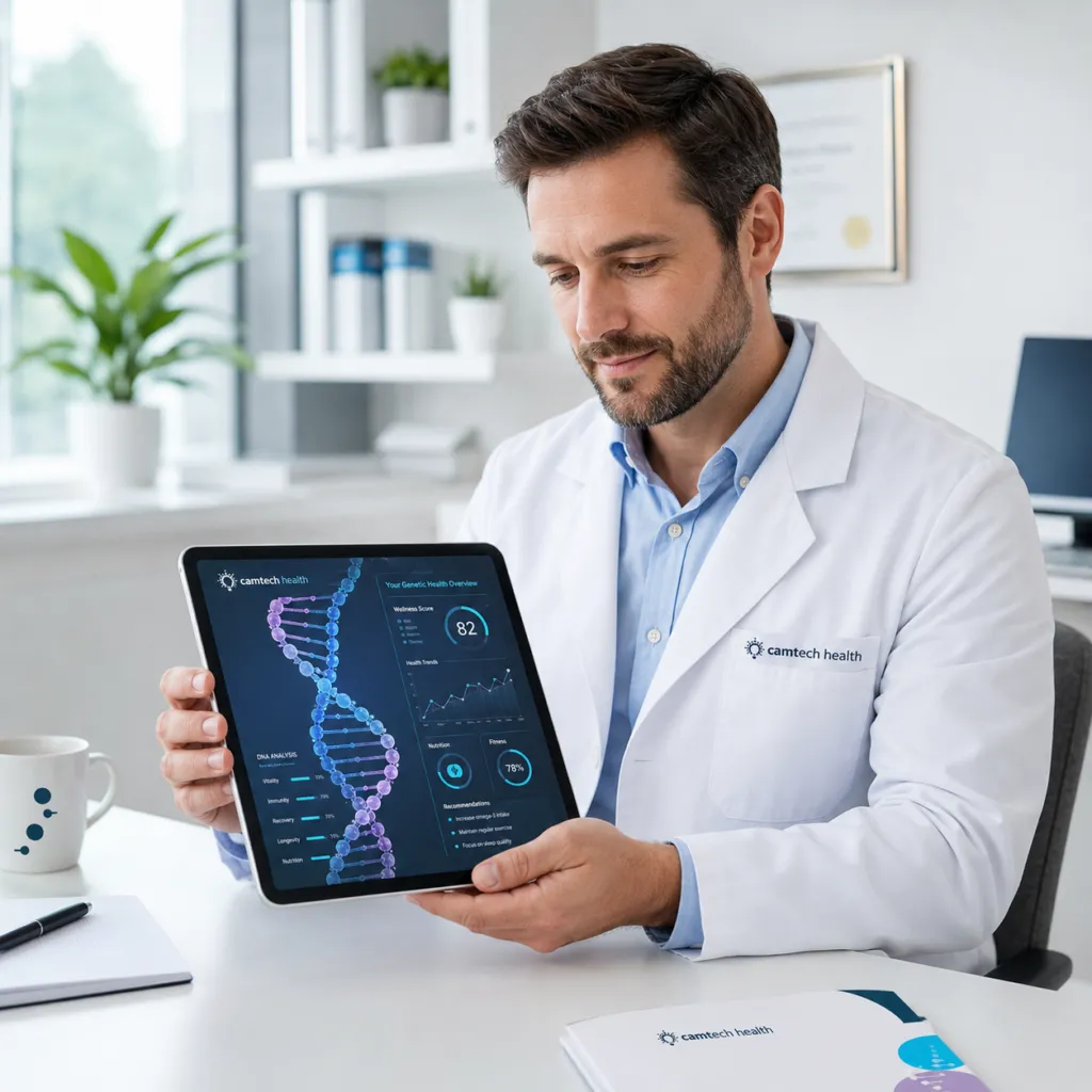 A medical professional reviewing genetic longevity data on a tablet.