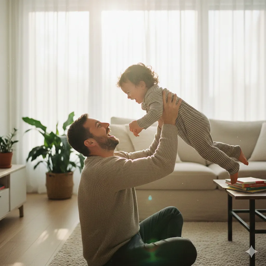 A happy father lifting his young child in a sunlit living room, representing family bonds.