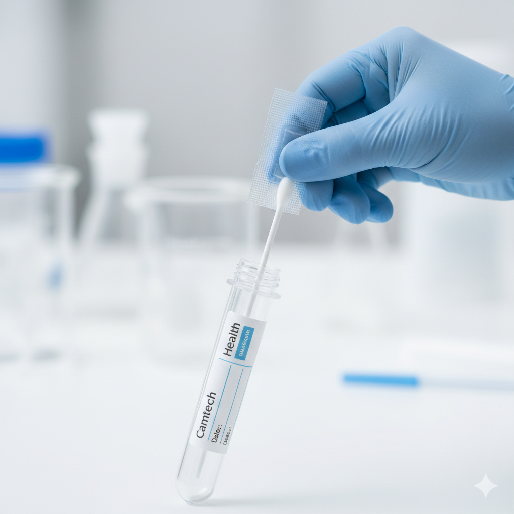 A healthcare professional in blue gloves holding a sterile buccal swab and a DNA collection tube.