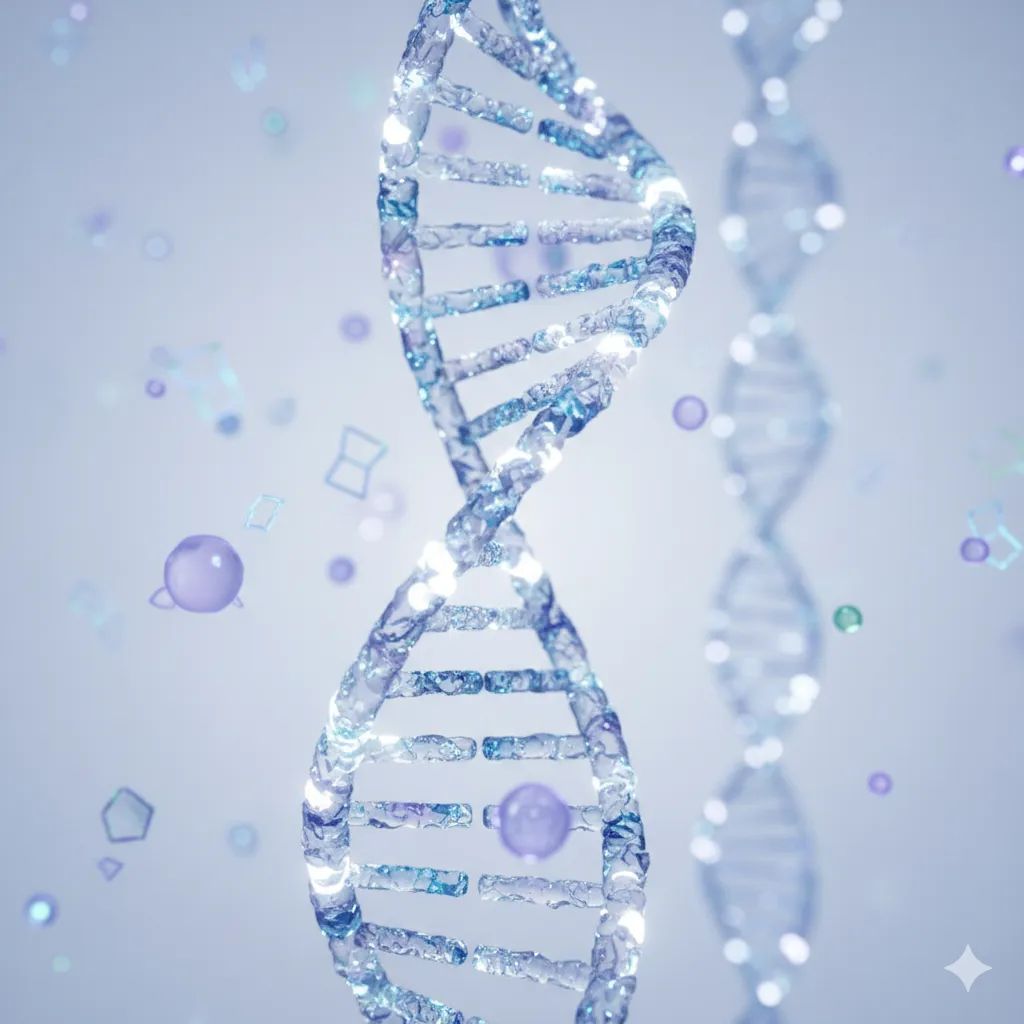 A 3D medical rendering of a blue DNA double helix structure with glowing molecular particles.