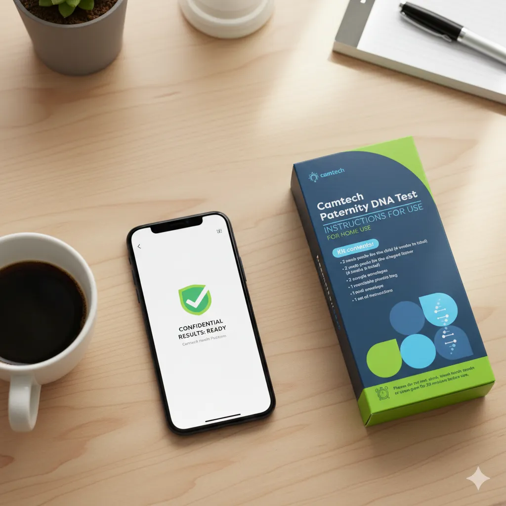 A Camtech Health paternity test kit and a smartphone displaying a secure results notification on a desk.