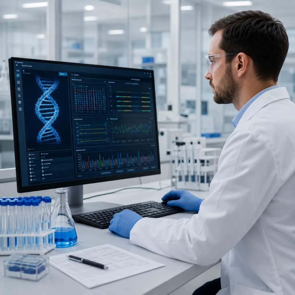 A professional laboratory scientist reviewing HPV DNA sequencing data at an HCSA-licensed facility in Singapore.