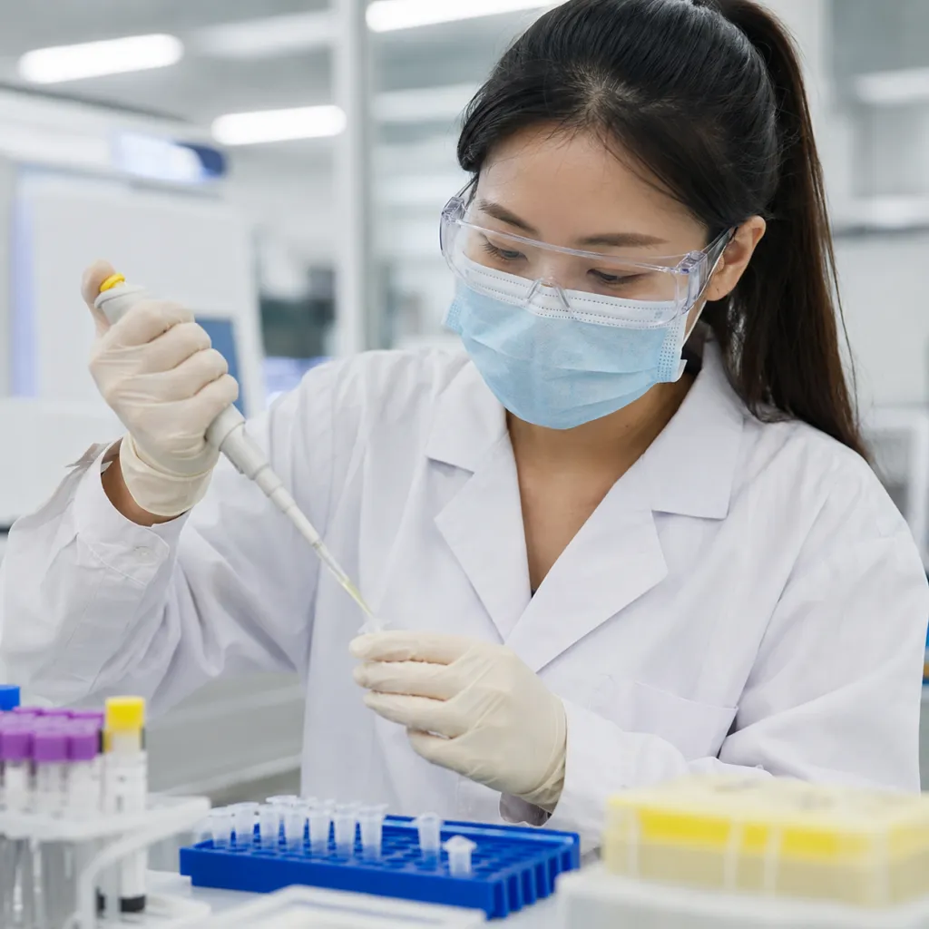 Lab technician processing medical samples in an HCSA-licensed laboratory in Singapore.