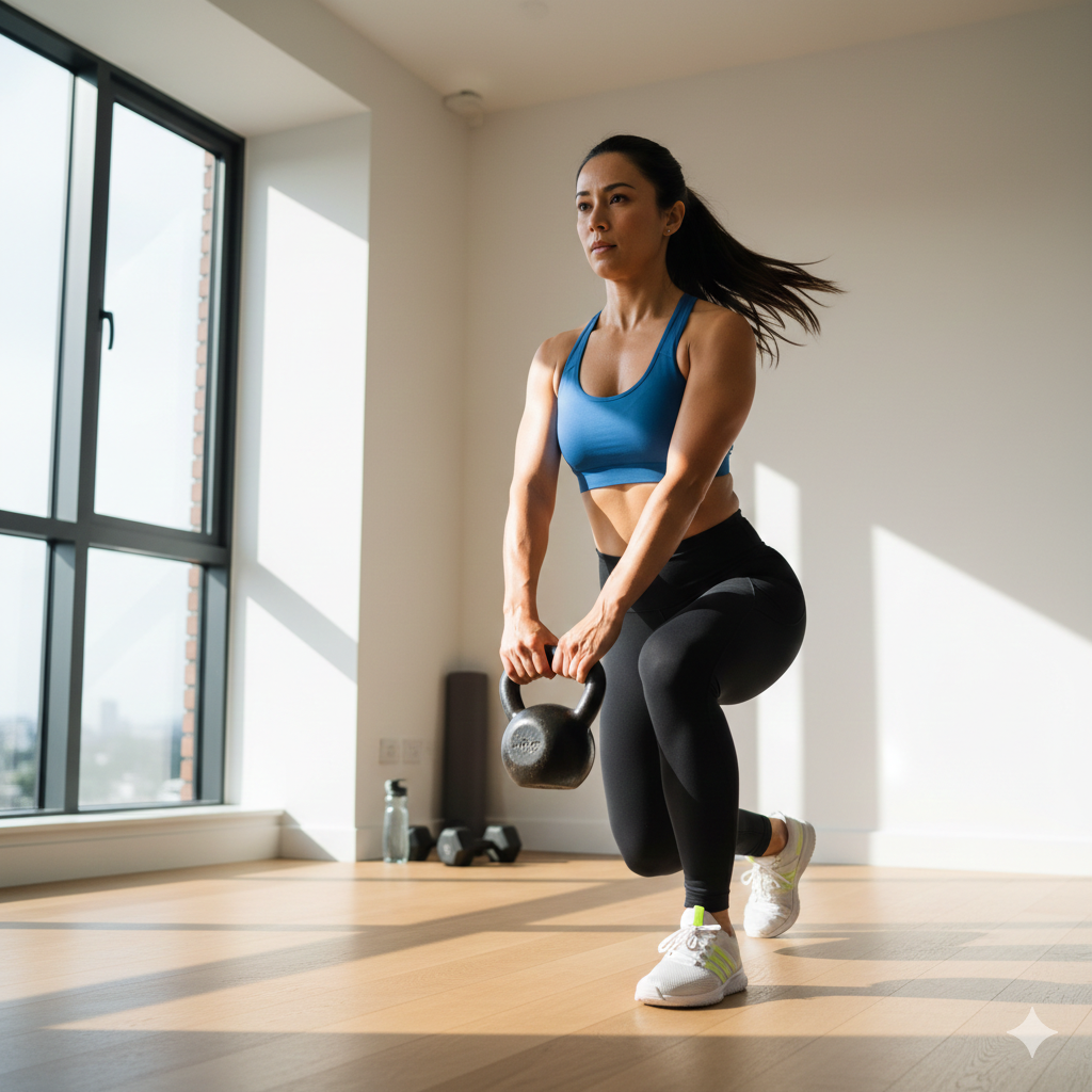 A woman performing a kettlebell workout in a sunlit, modern gym.