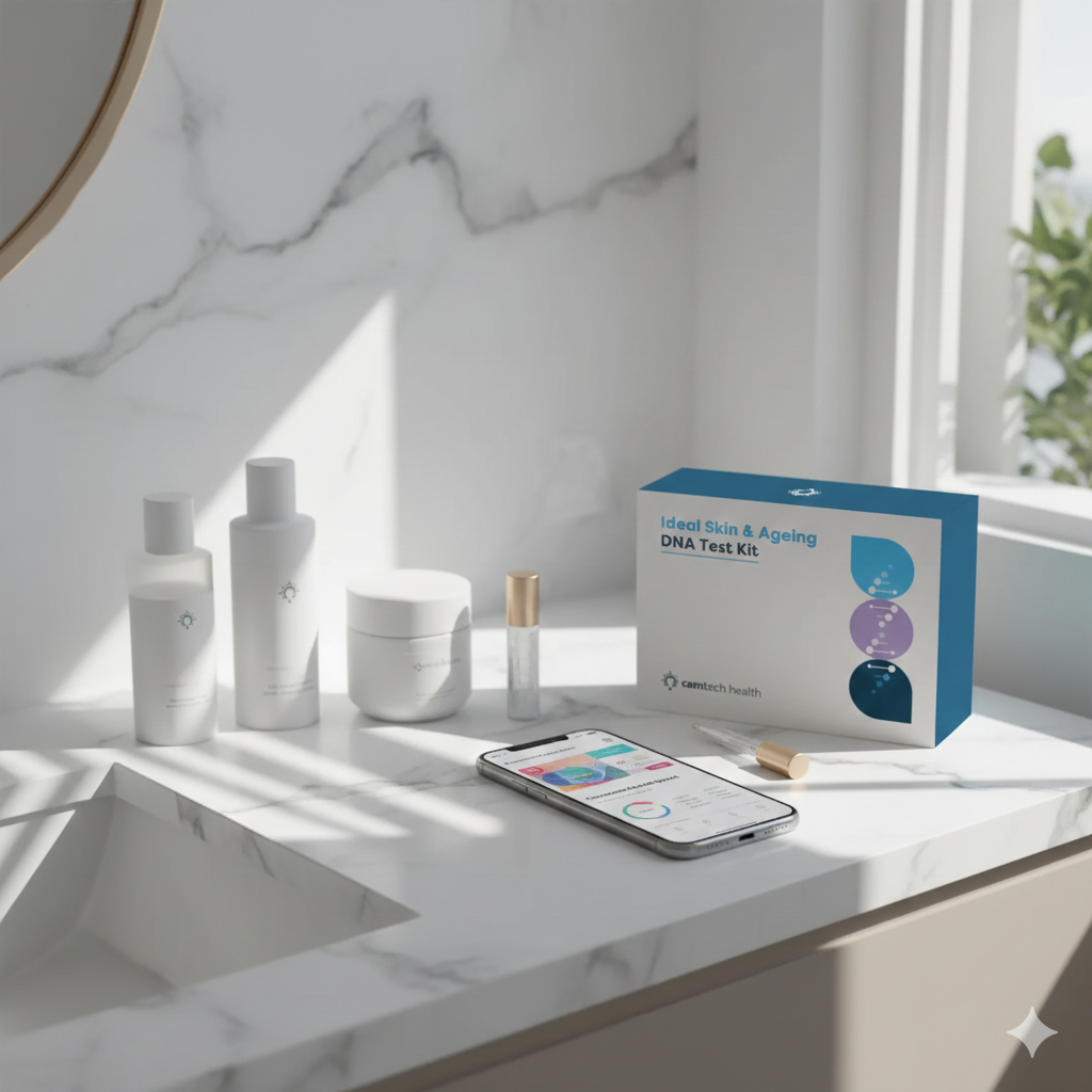 A Camtech Health "Ideal Skin Ageing DNA Test" kit sitting on a marble bathroom counter next to skincare bottles and a smartphone.