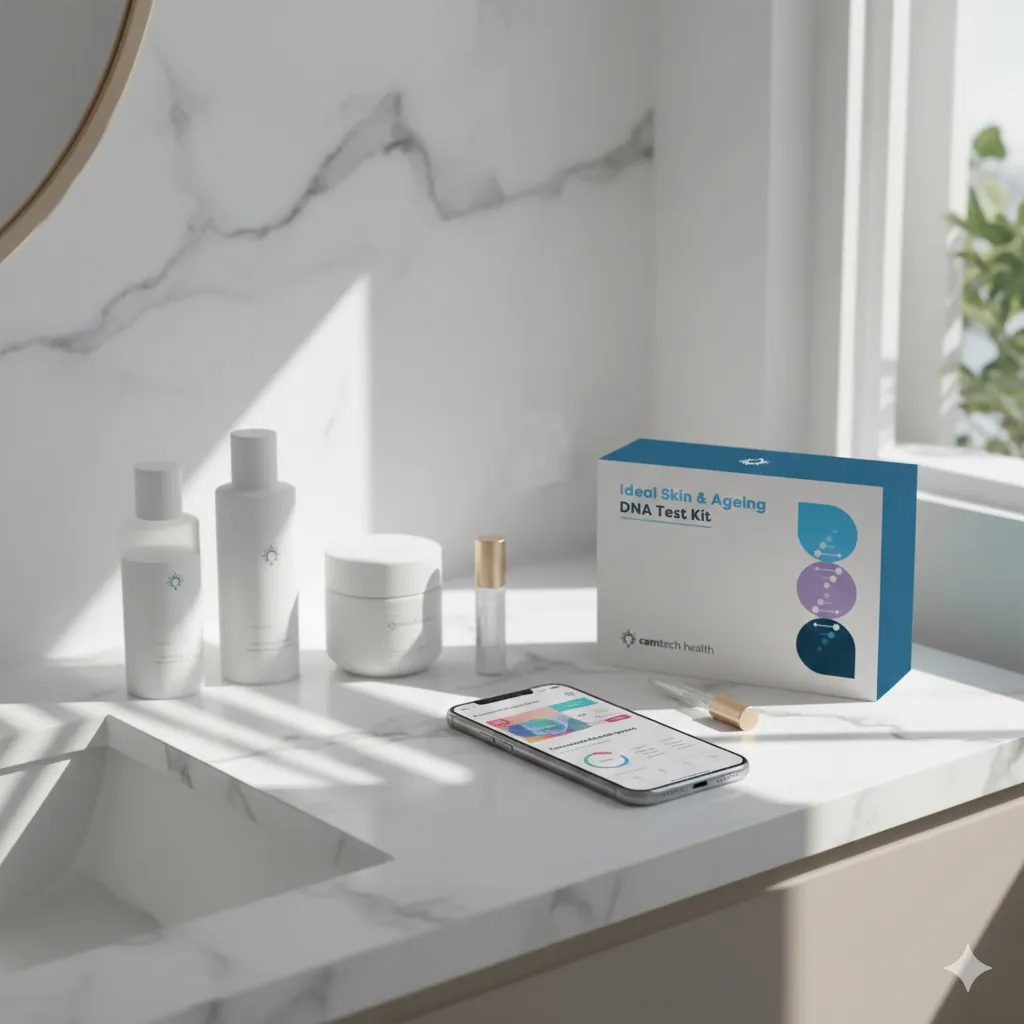A Camtech Health "Ideal Skin Ageing DNA Test" kit sitting on a marble bathroom counter next to skincare bottles and a smartphone.