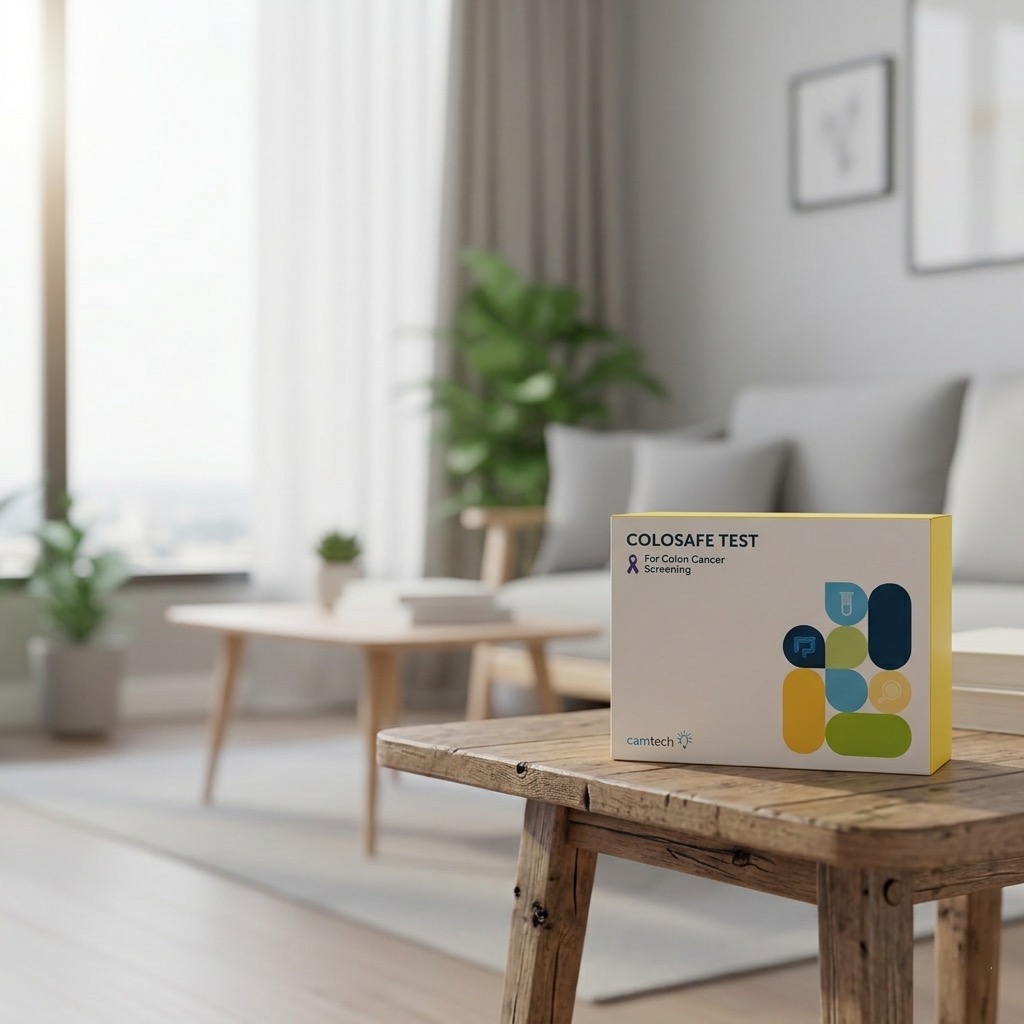 A white and yellow Colosafe Test box for at-home colorectal cancer screening sits on a wooden table in a bright, blurred living room environment.
