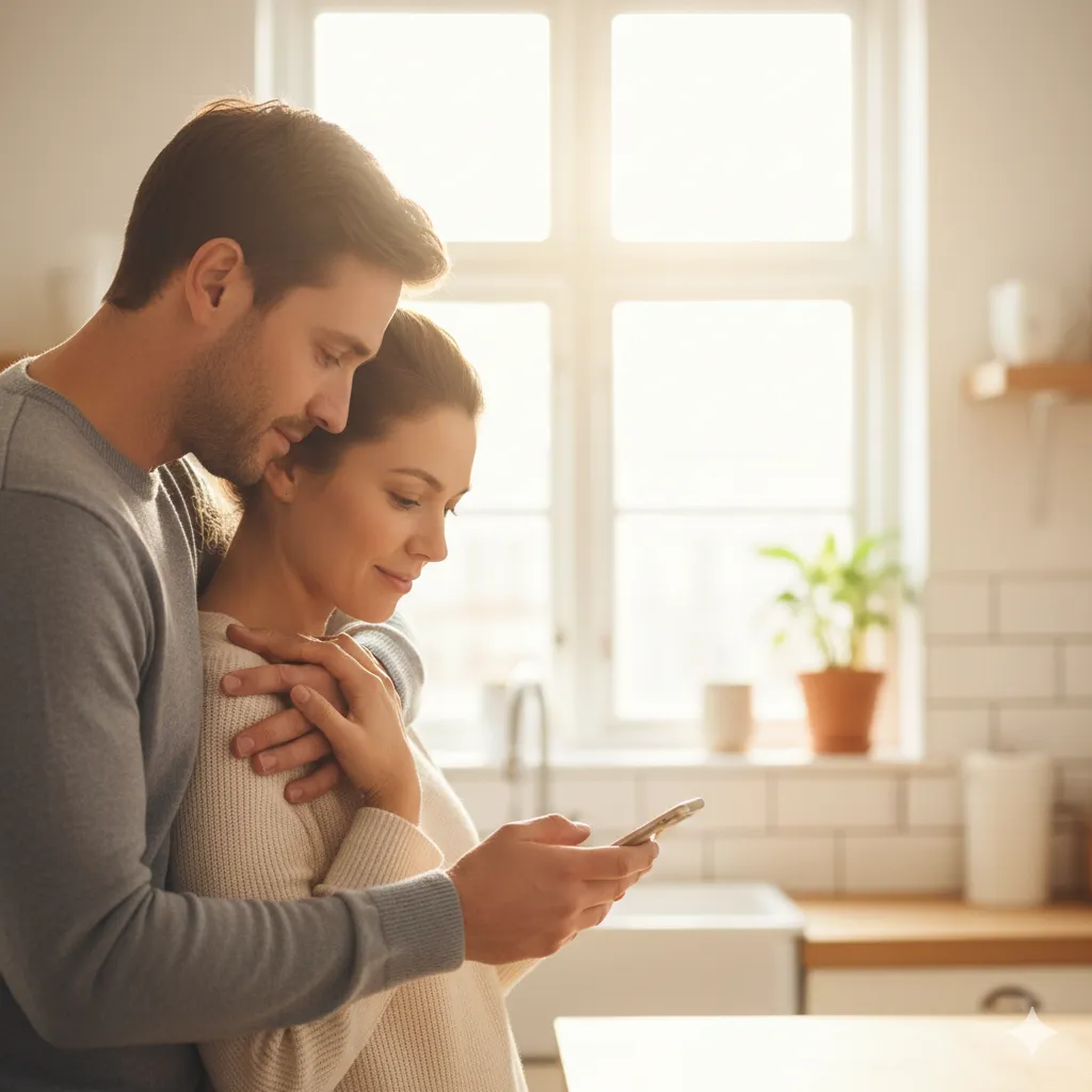 A couple standing together in a sunlit kitchen, calmly looking at a smartphone together.