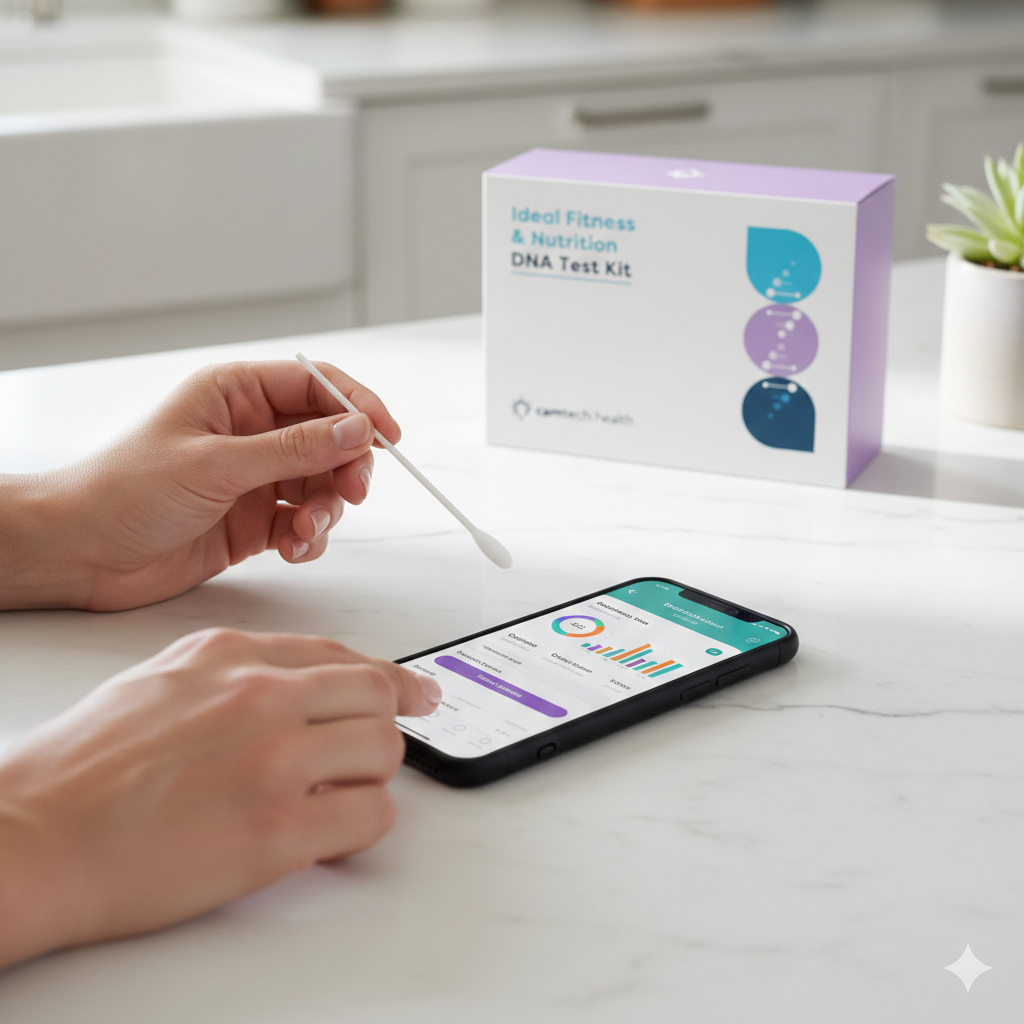 Camtech Health Ideal Fitness and Nutrition DNA Test Kit with a smartphone displaying health insights.