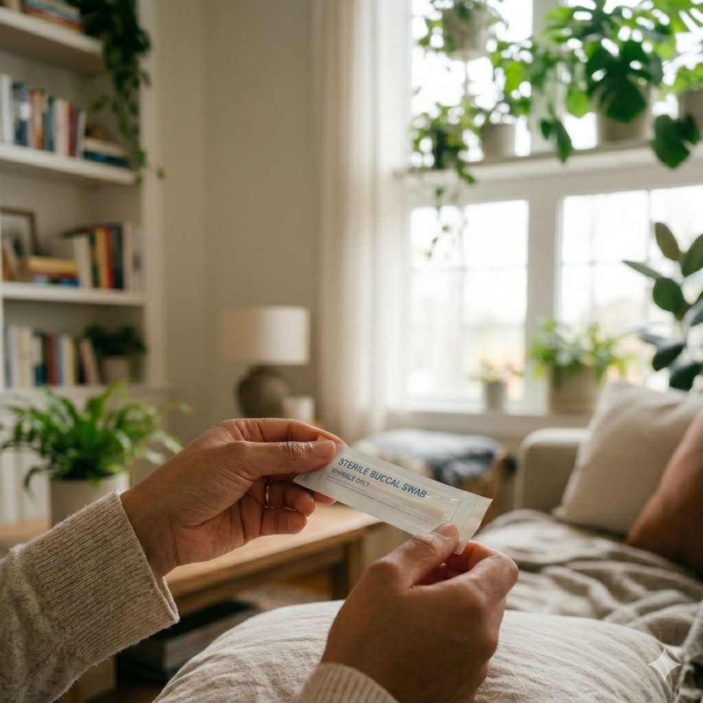Hands handling the sterile packaging of a buccal swab prior to genetic sample collection.