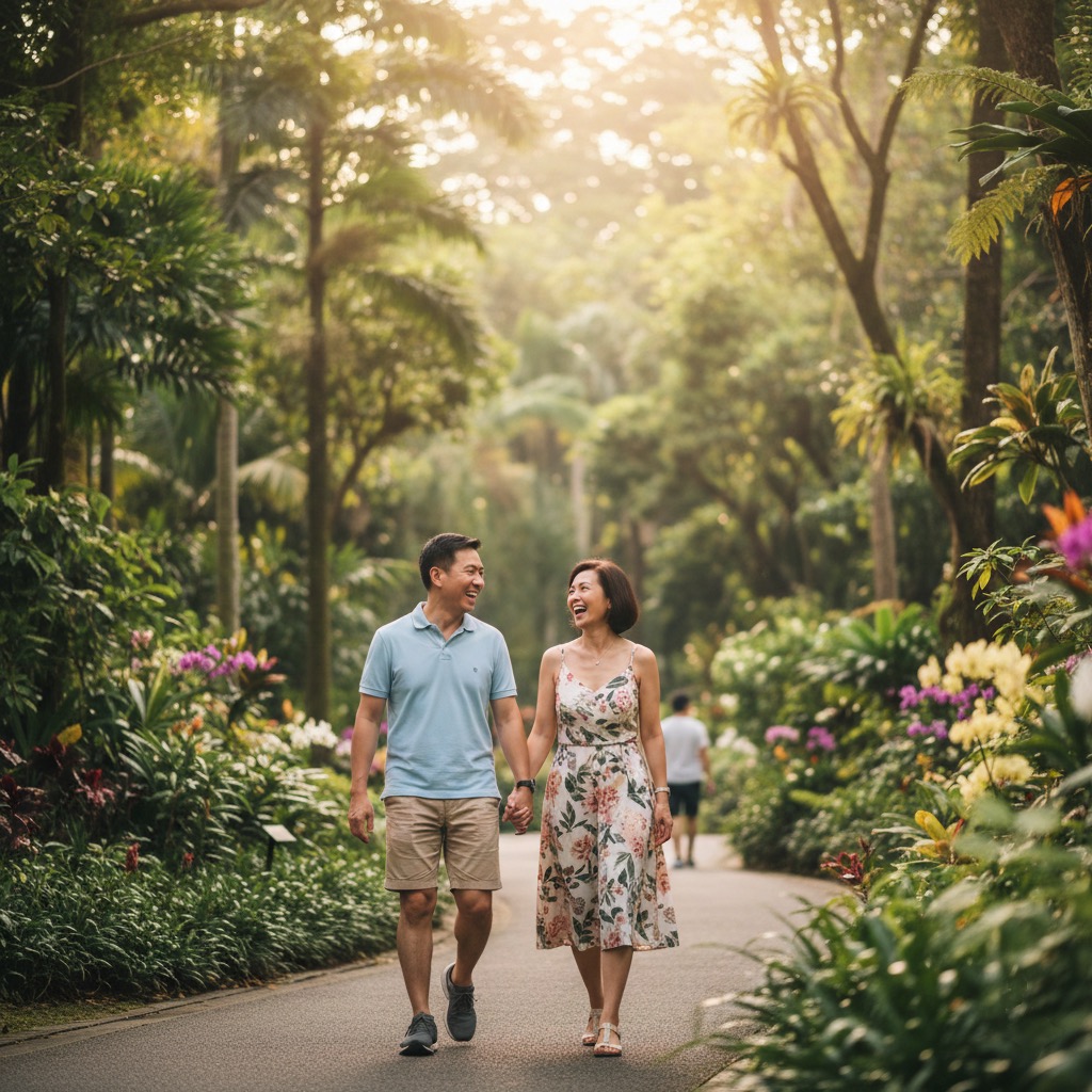 A happy middle-aged Asian couple walking hand-in-hand down a tree-lined path in a sun-drenched tropical park, representing health and vitality in Singapore.
