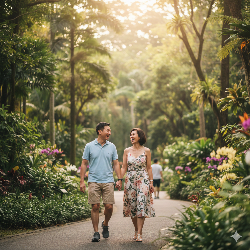A happy middle-aged Asian couple walking hand-in-hand down a tree-lined path in a sun-drenched tropical park, representing health and vitality in Singapore.