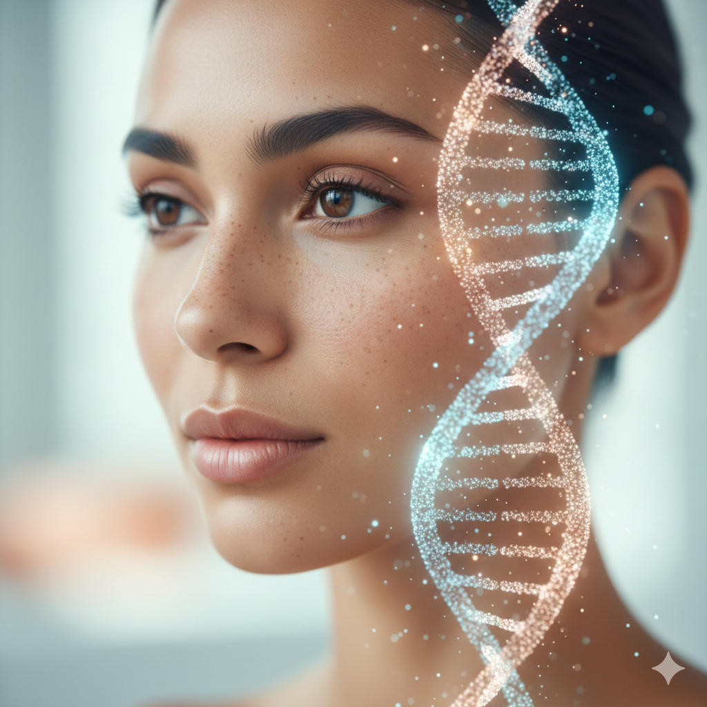 A close-up of a woman's face with a glowing, digital DNA double helix superimposed over her skin.