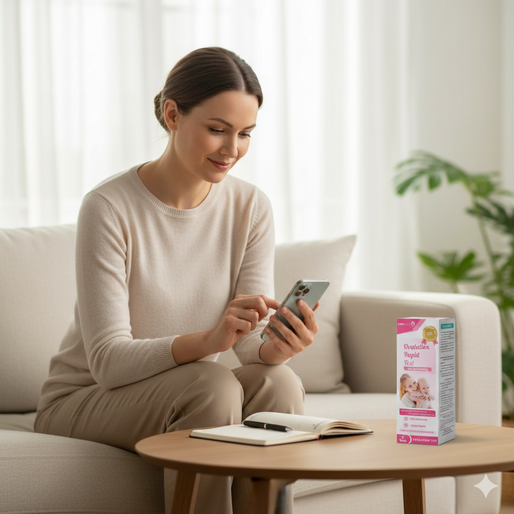 A woman sitting on a sofa while using a smartphone and reviewing a physical LH ovulation test kit box.
