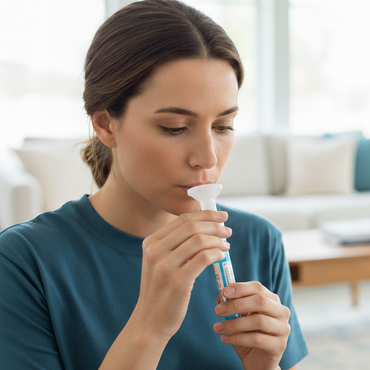 A woman using a non-invasive saliva collection tube to provide a DNA sample at home.