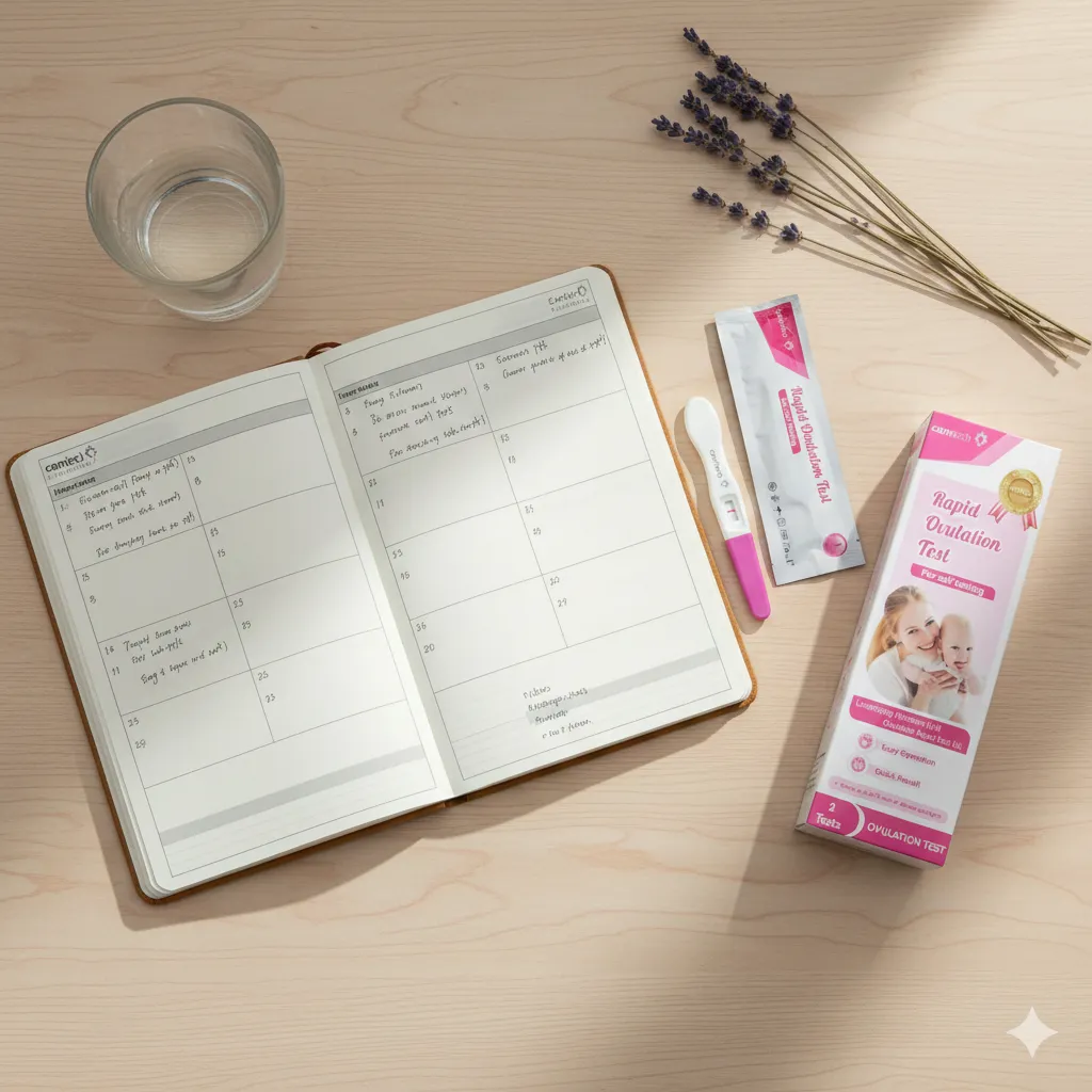 A flat-lay of an open journal, a pen, a single LH test stick, and the product packaging on a wooden surface.