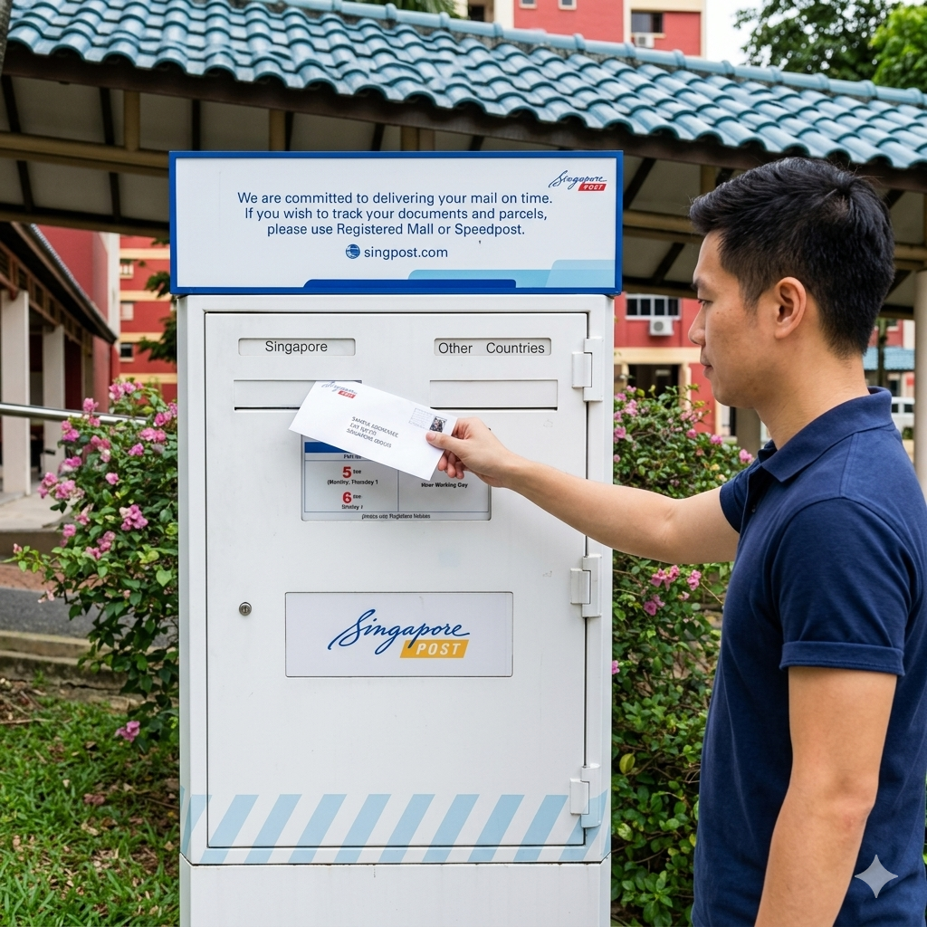 Placement of a sealed return mailer containing diagnostic swabs into a postal box.
