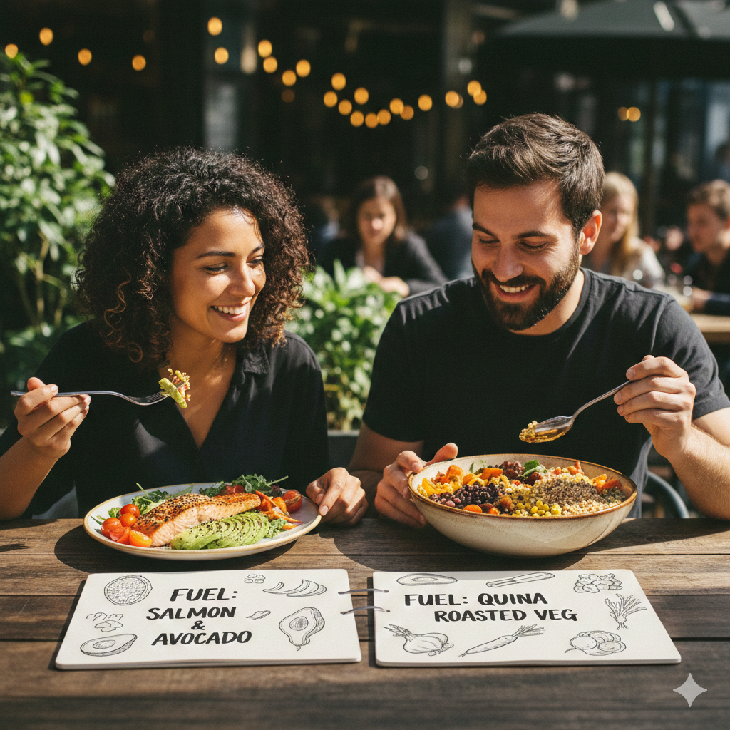 A diverse couple enjoying healthy meals tailored to their unique nutritional profiles.