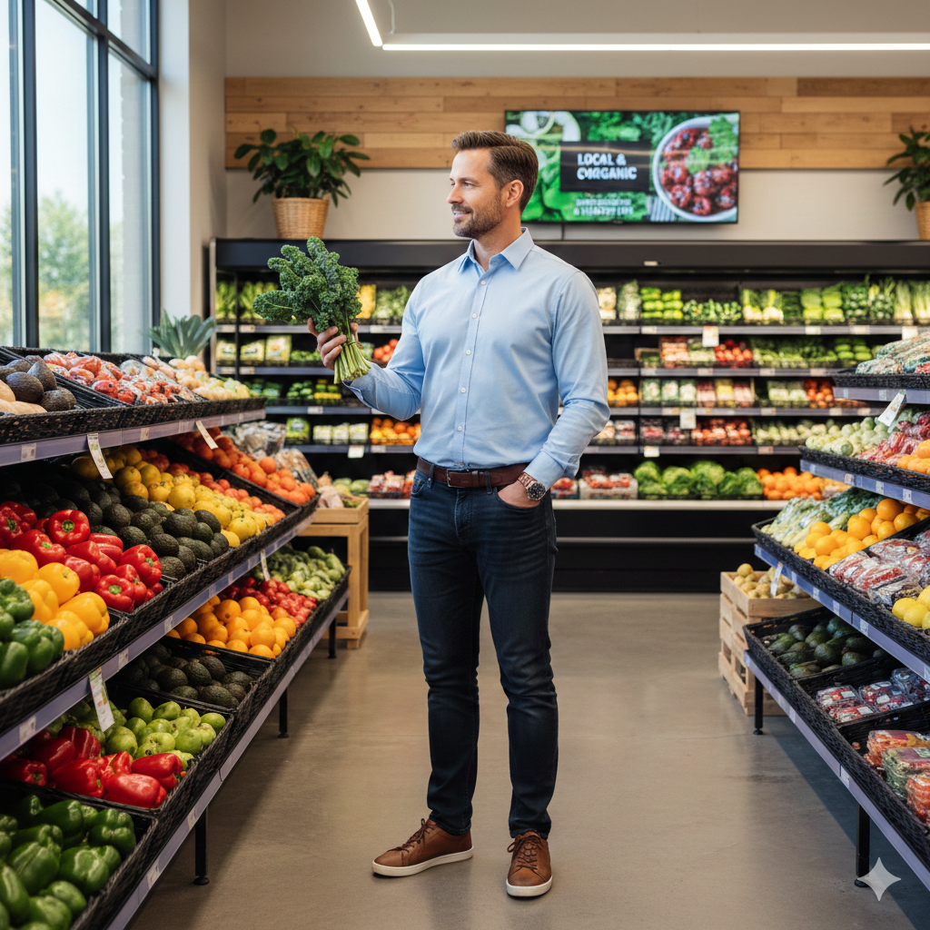 A man choosing fresh vegetables in a grocery store to align with his metabolic needs.