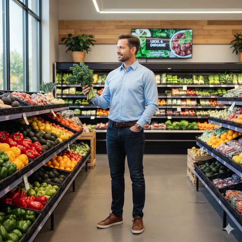 A man choosing fresh vegetables in a grocery store to align with his metabolic needs.