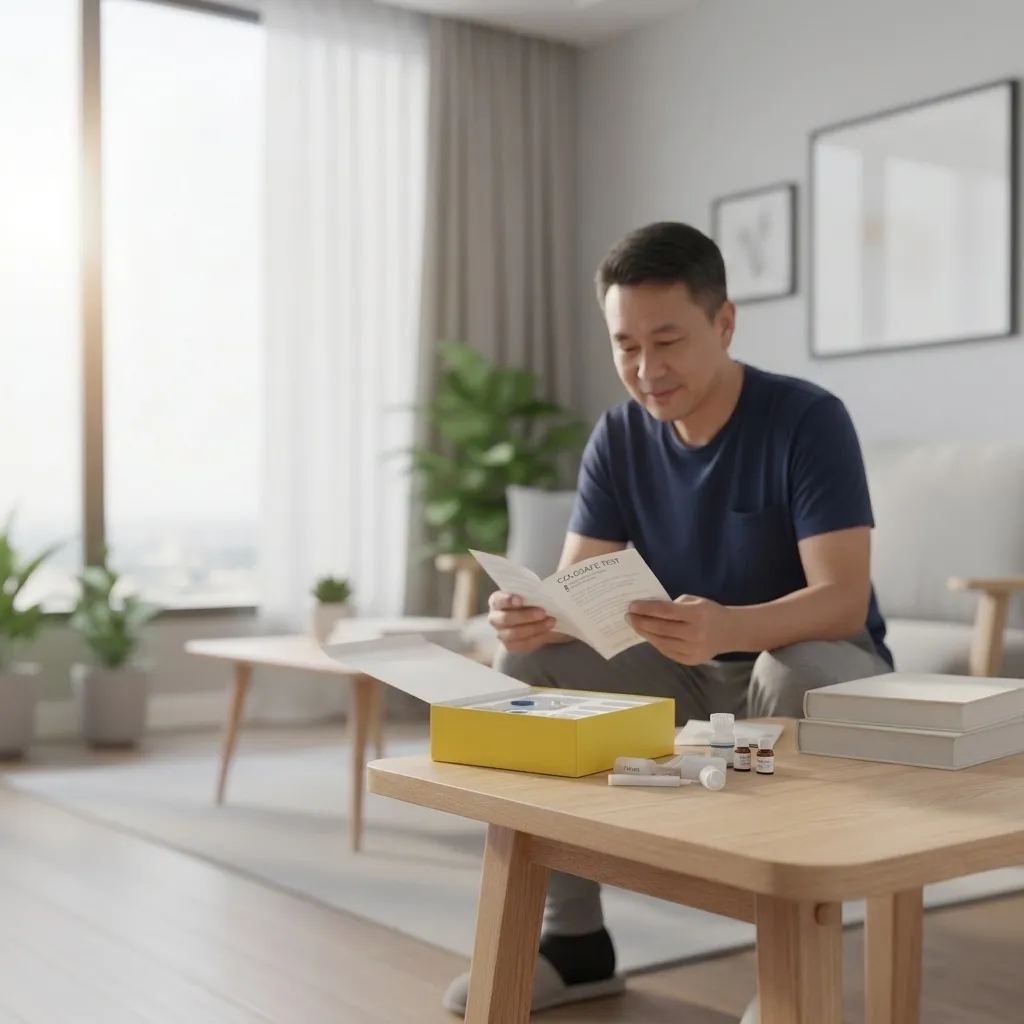 An Asian man sits on a sofa in a brightly lit living room, carefully reading an instruction pamphlet for the Colosafe at-home cancer screening kit placed on the coffee table in front of him.