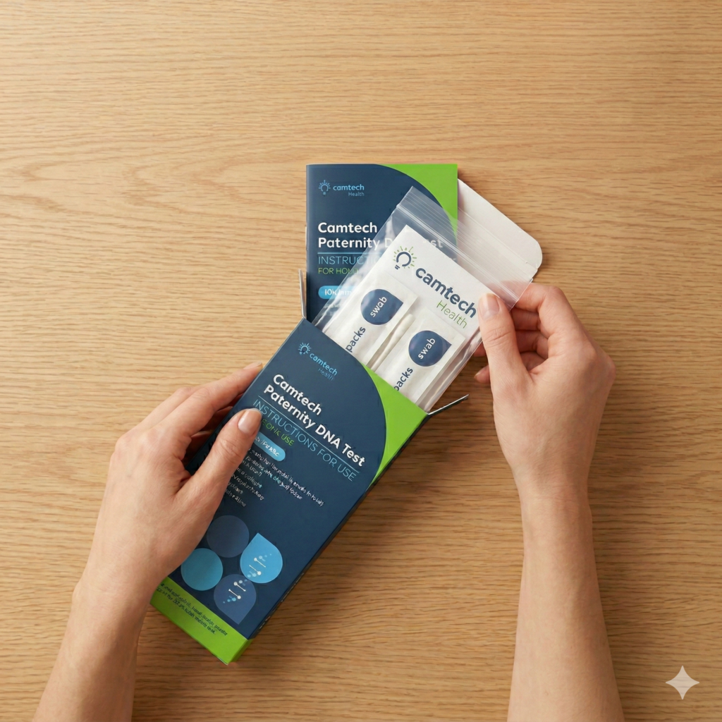 hands opening and taking out items from the the paternity test kit.