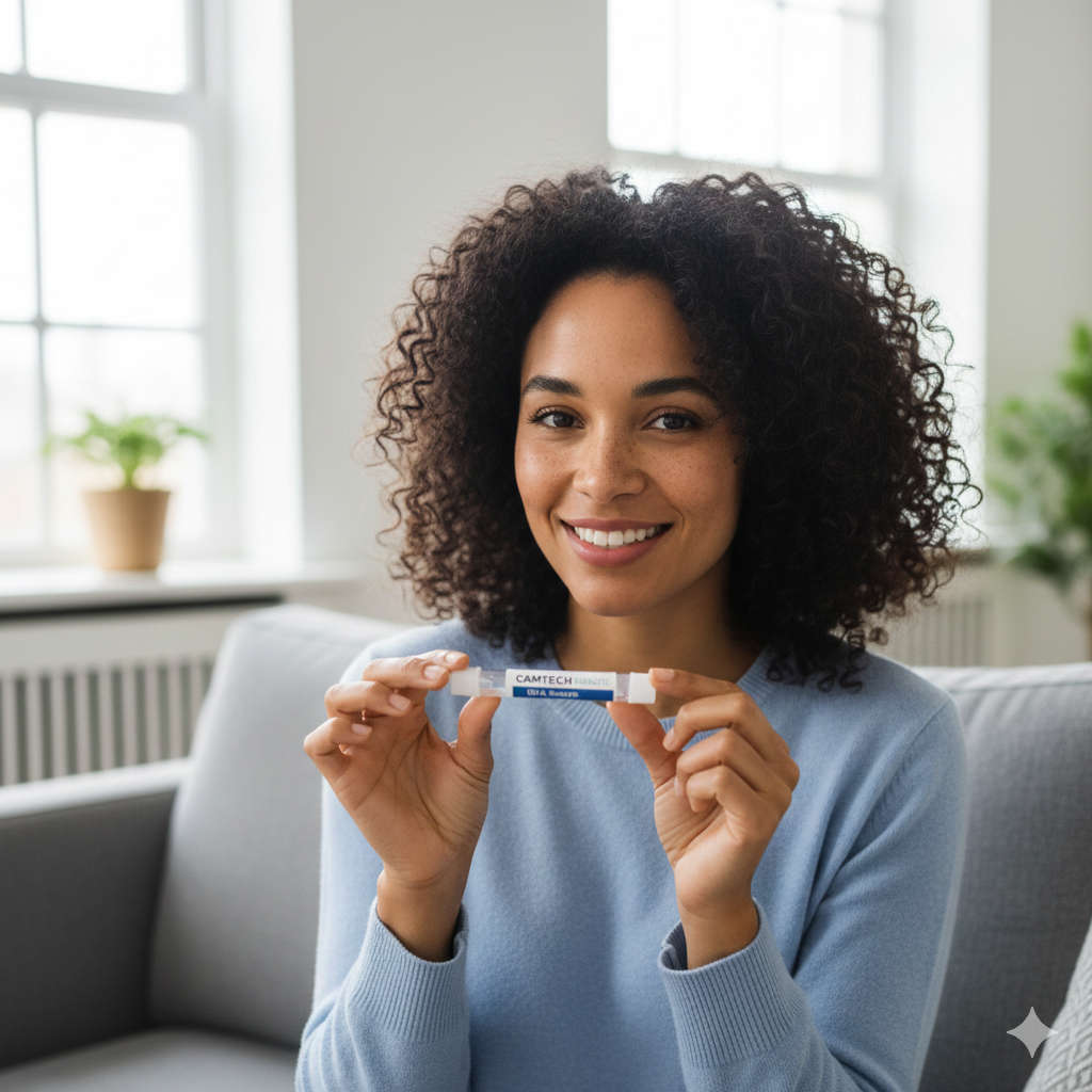 A woman smiling and holding the DNA saliva collection tube included in the Camtech Health kit.