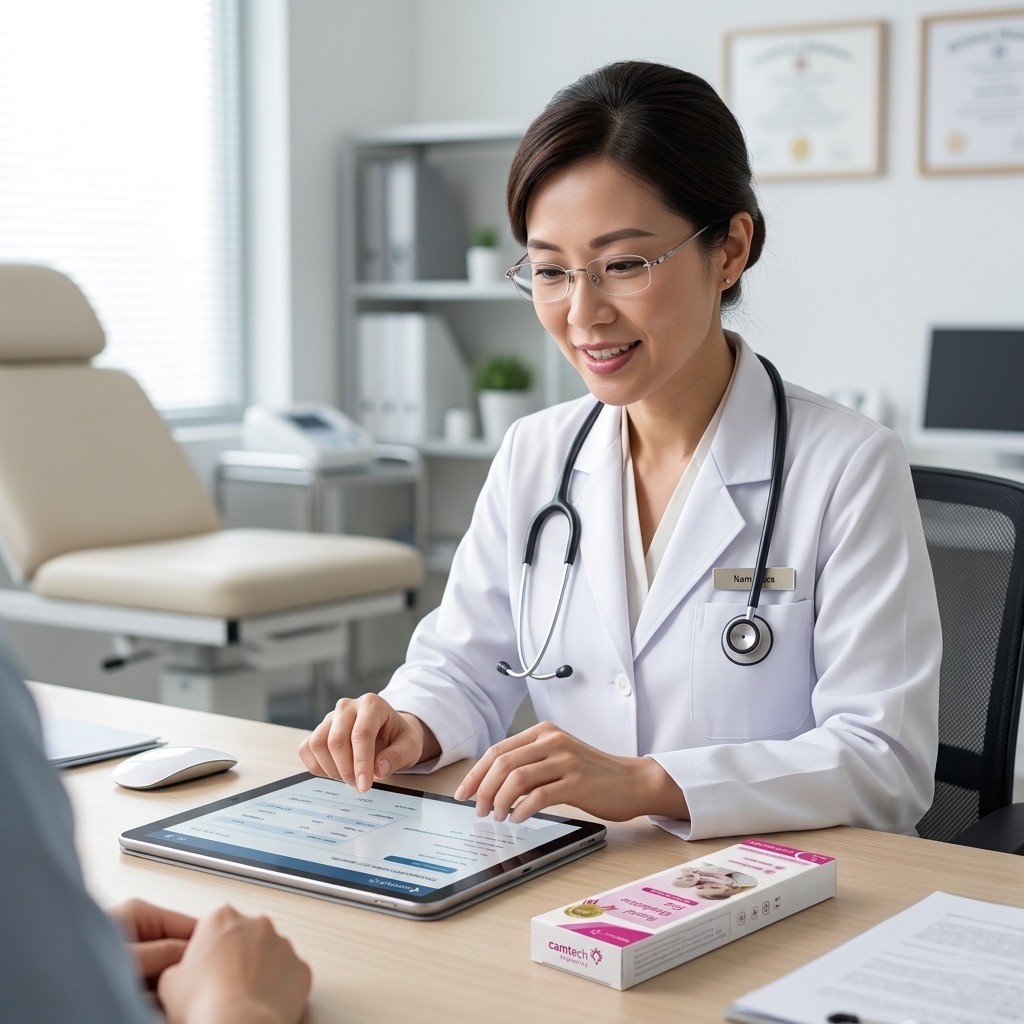 A Singaporean doctor reviewing digital health results during a consultation.