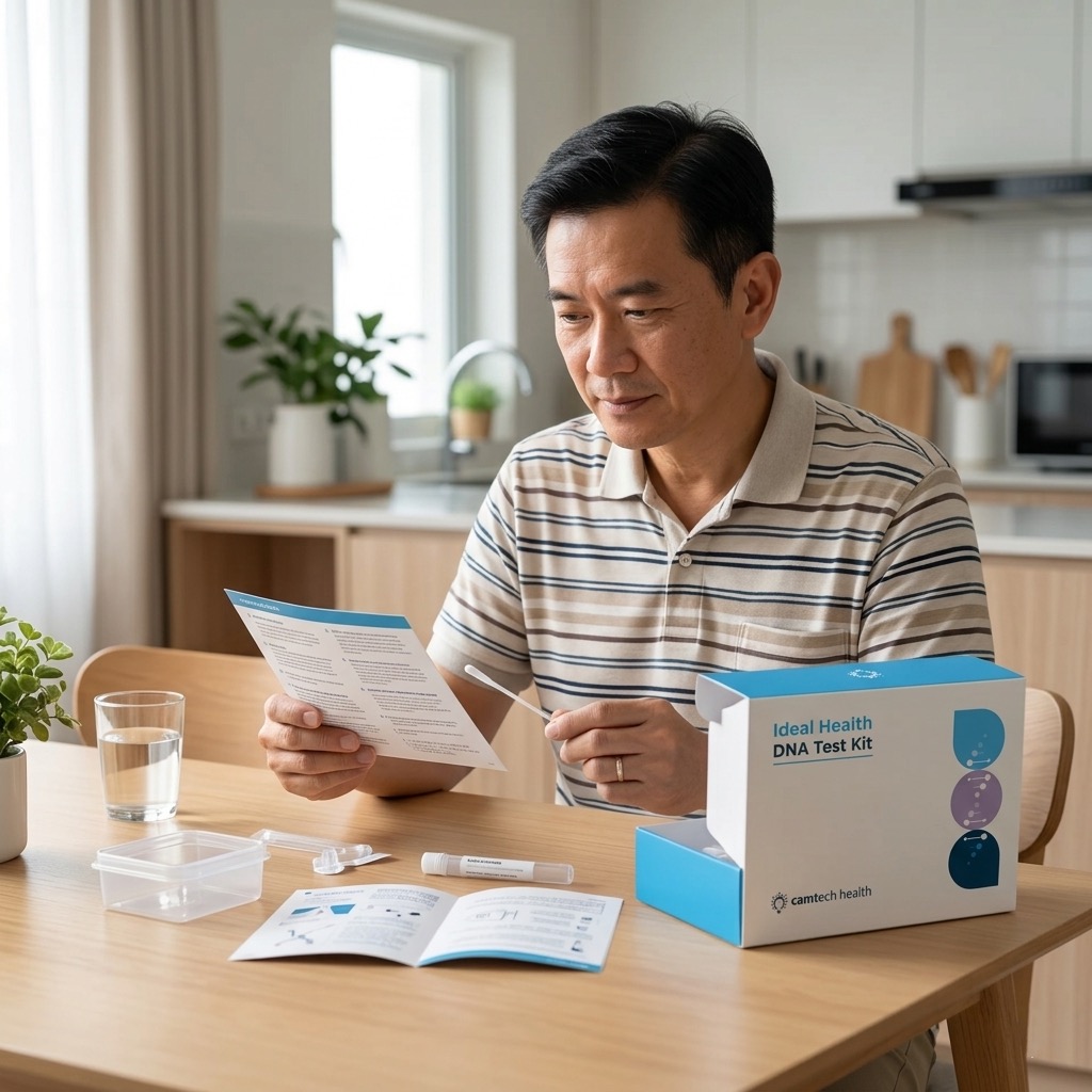 A Singaporean man reading instructions for an HSA-approved at-home medical test kit.