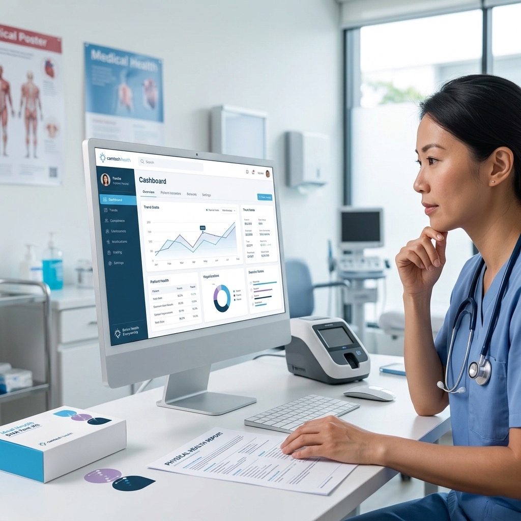 Medical practitioner in a Singapore clinic reviewing patient health data from digital medical devices.