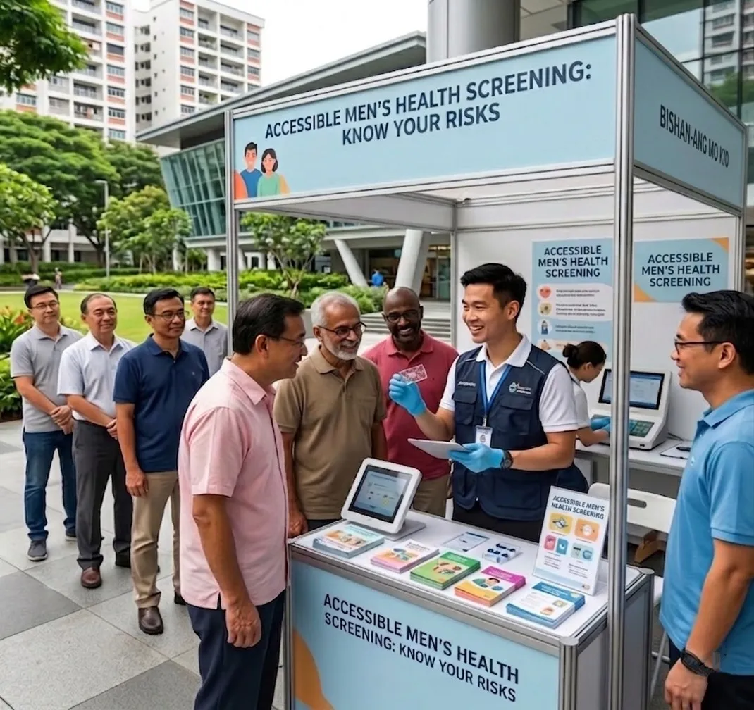 Group of men speaking with staff at a health screening booth in Singapore