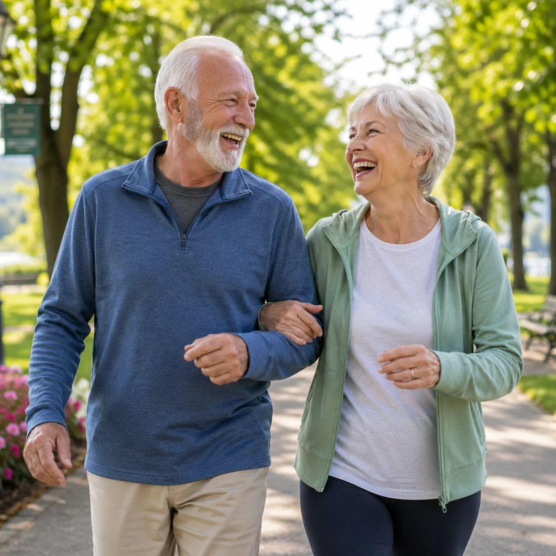Older adults enjoying a joyful stroll in the park symbolising active ageing and longevity