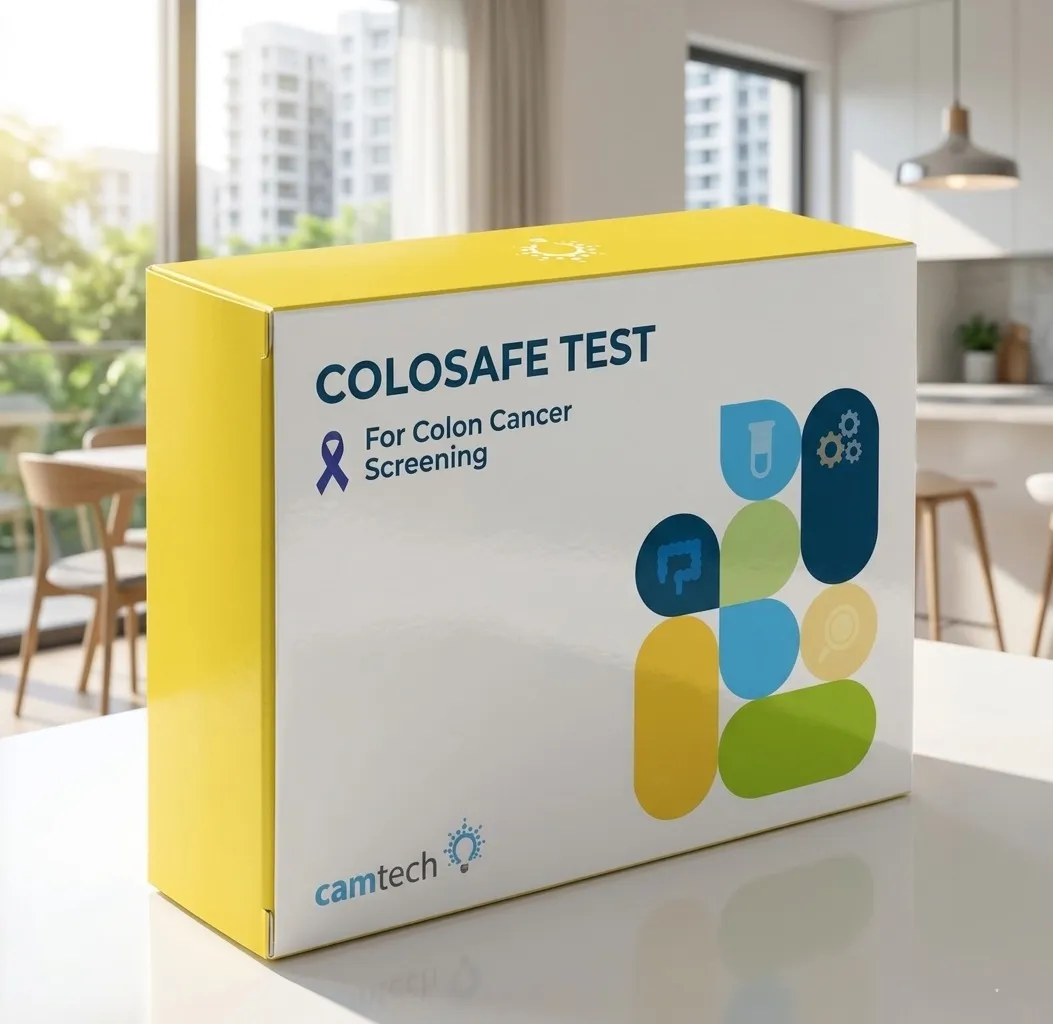 A professional at-home colorectal cancer screening kit on a white table.