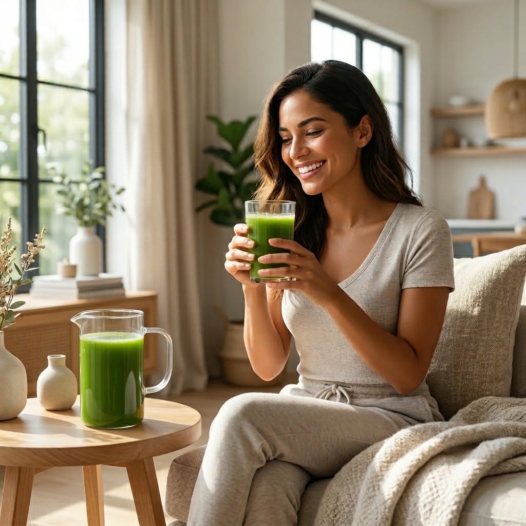A woman practicing proactive health habits in a bright home setting.