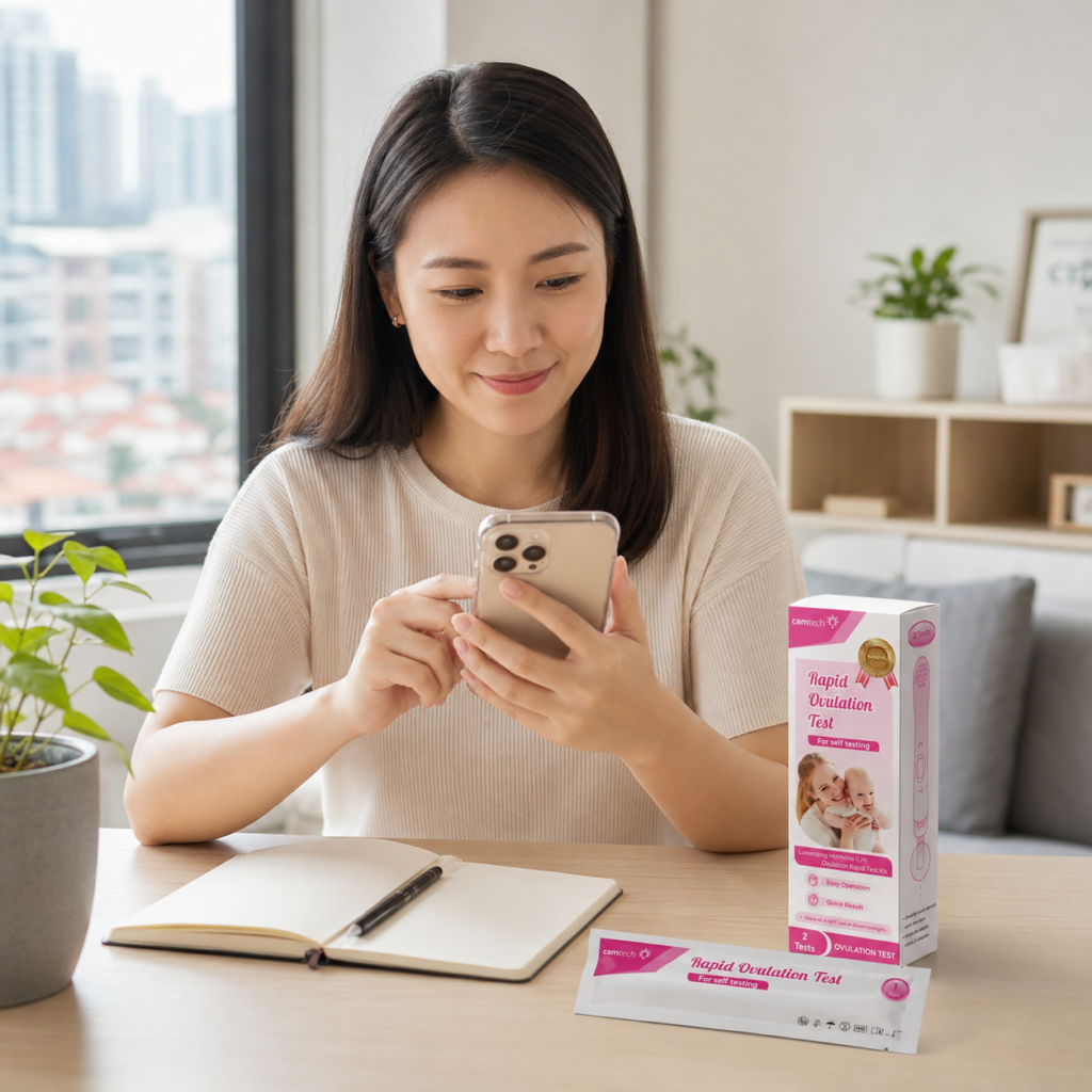 A Singaporean woman using the Camtech Health app to check her at-home screening results.