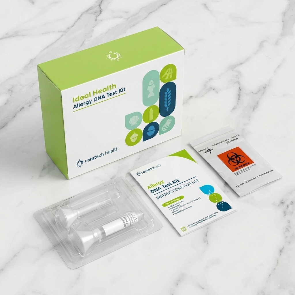 Camtech Ideal Allergy DNA Test kit on a clean surface with sample collection components