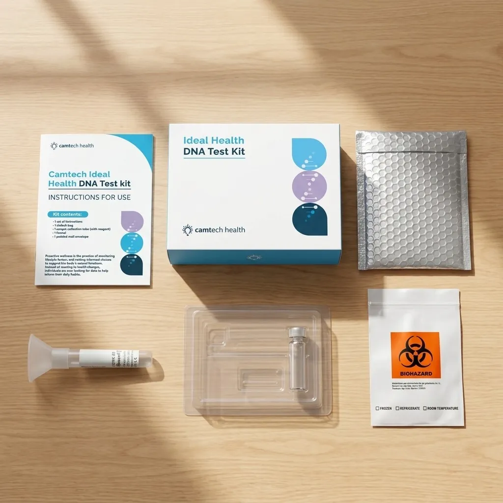 Camtech Ideal Health DNA Test kit on a table.