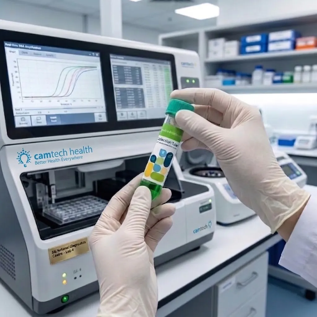 Clinical laboratory technician handling a DNA screening specimen.