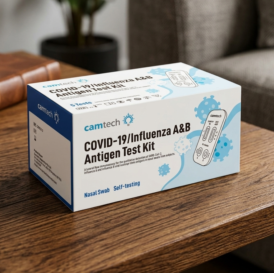 Close-up of a COVID-19 and Flu A/B respiratory test kit.