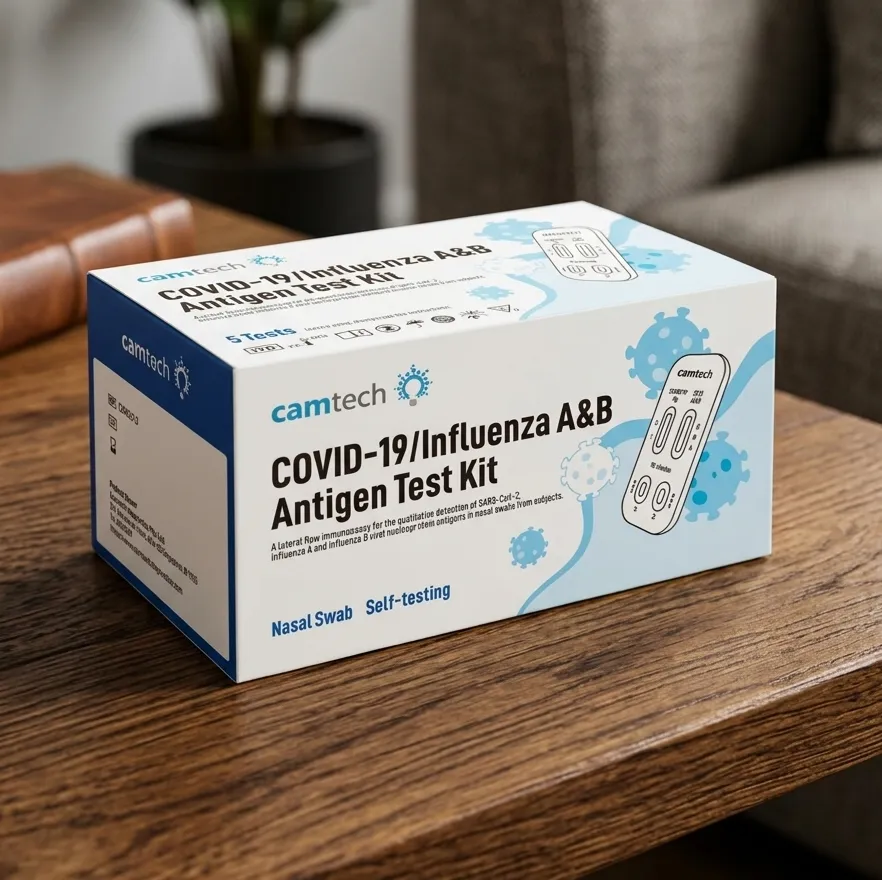 Close-up of a COVID-19 and Flu A/B respiratory test kit.