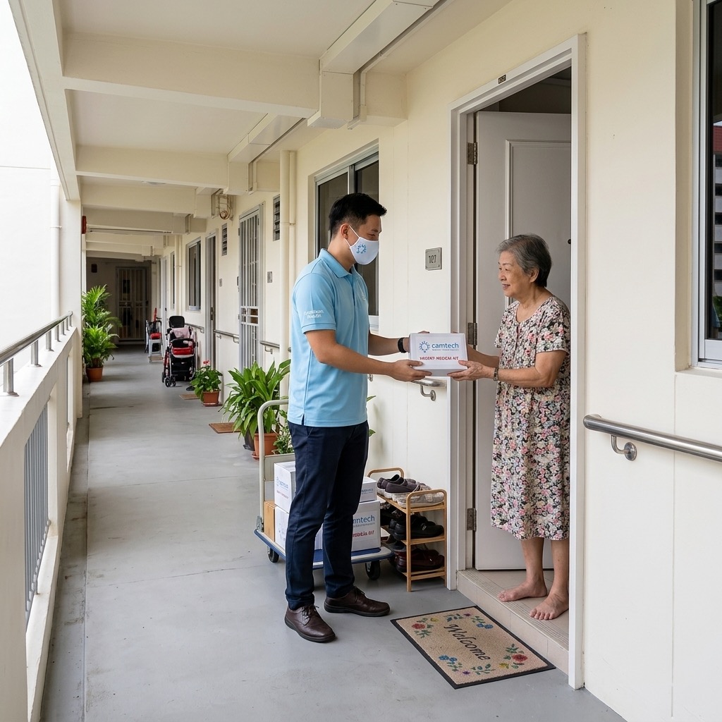 Medical courier delivering accessible at-home test kits to a patient in a Singapore HDB estate.