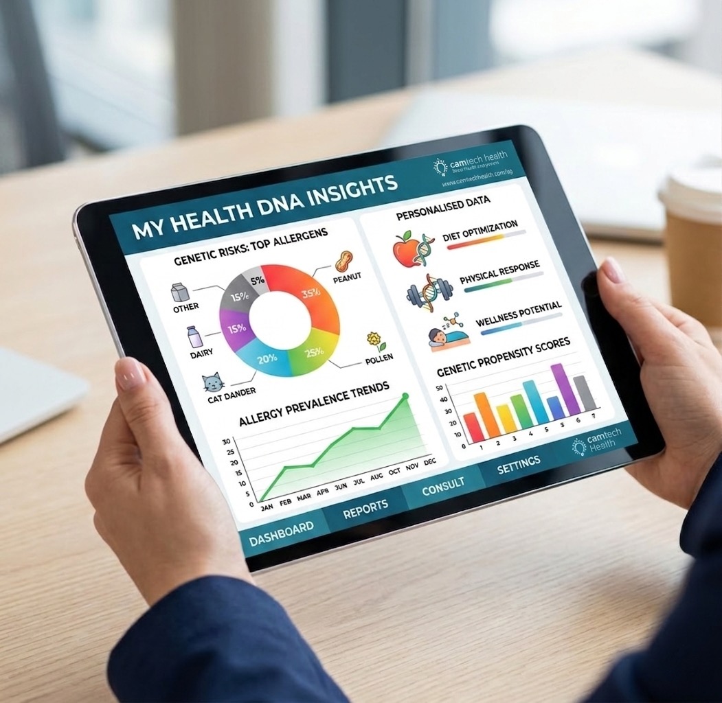 Digital health dashboard on a tablet showing genetic data insights and health charts