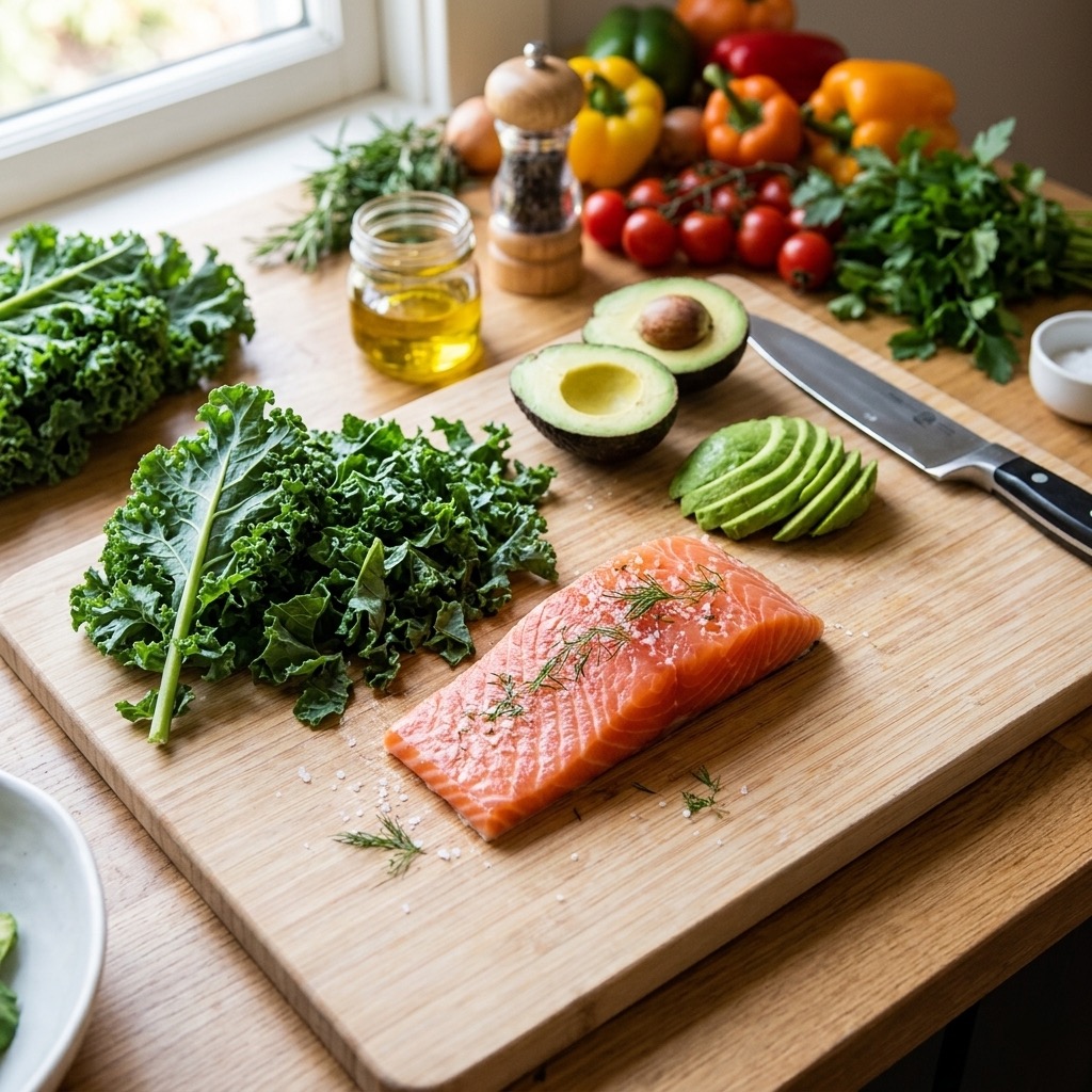 Fresh healthy ingredients being prepared for a meal.