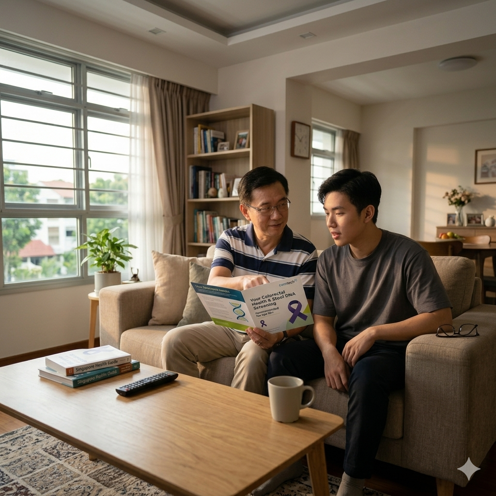 An Asian father and son sitting on a living room sofa, reviewing a Camtech Health colorectal screening brochure together in a warm, naturally lit home environment.