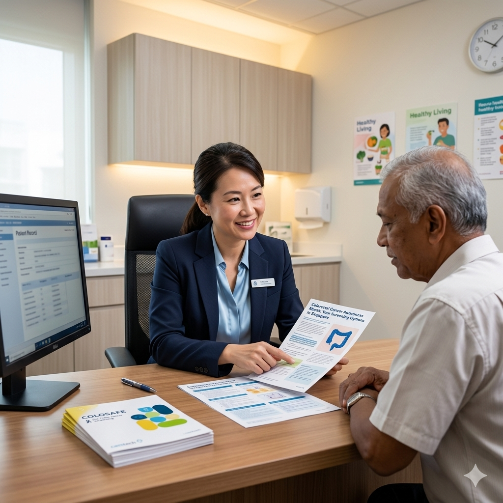 Physician discussing colorectal cancer screening protocols with a patient in a clinic.