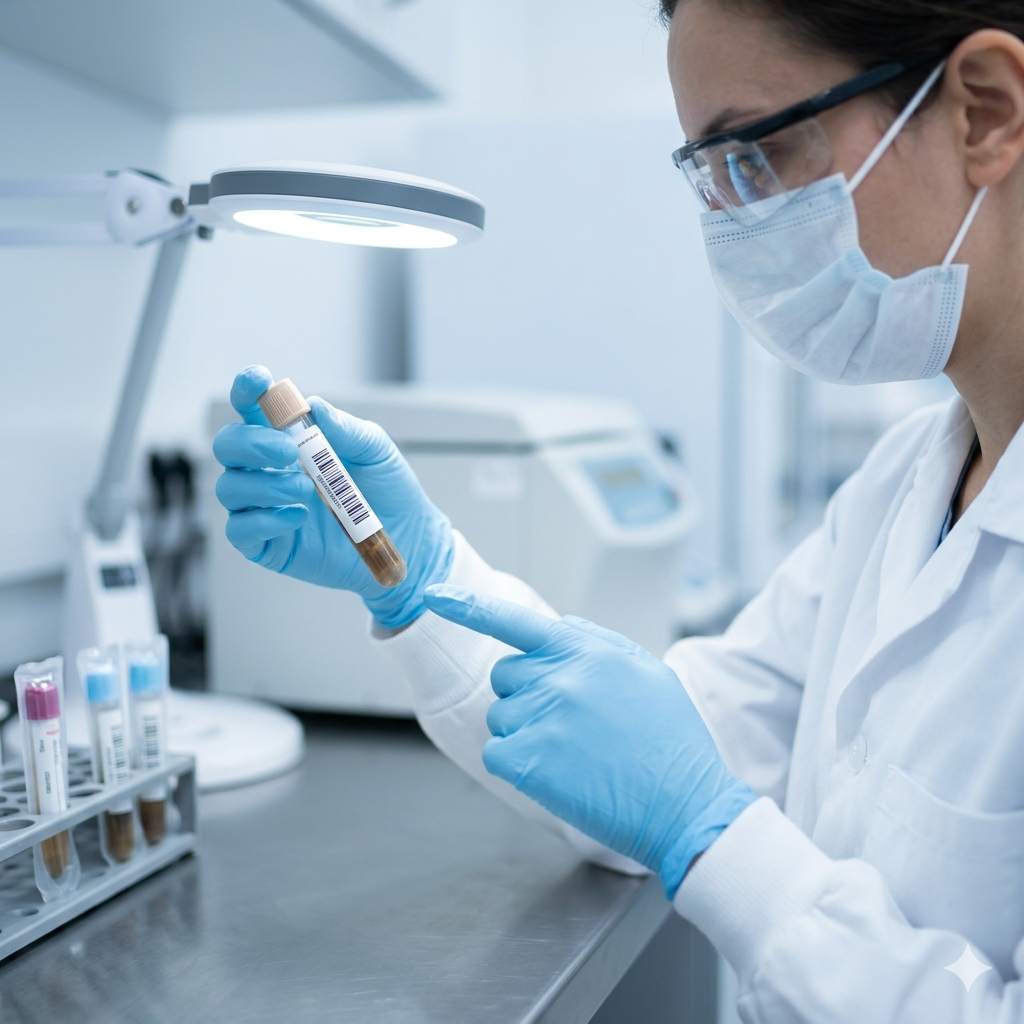 Laboratory technician processing clinical stool samples for DNA marker evaluation.